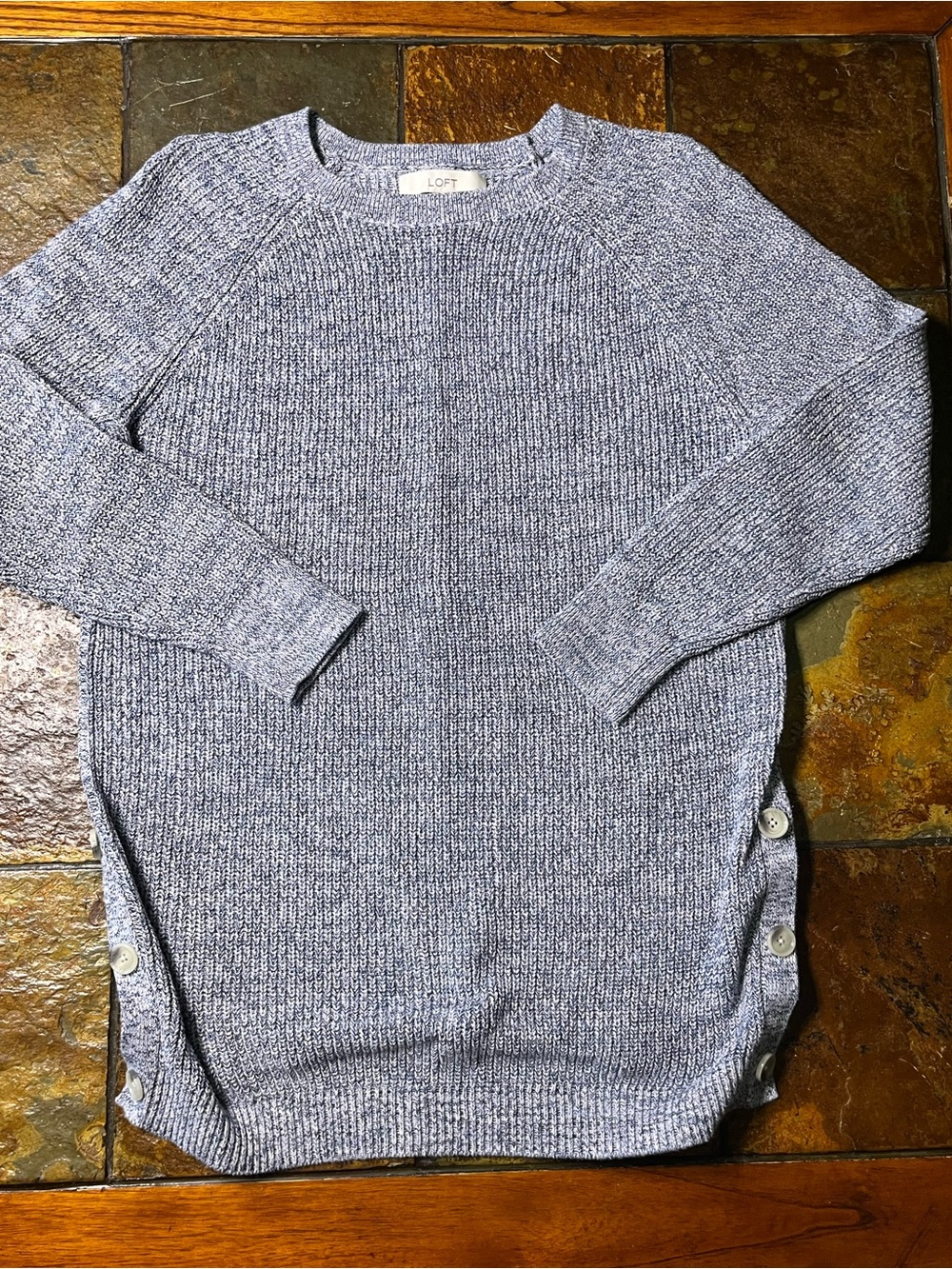 LOFT Light Heather Blue Crewneck Sweater with Side Buttons-Large